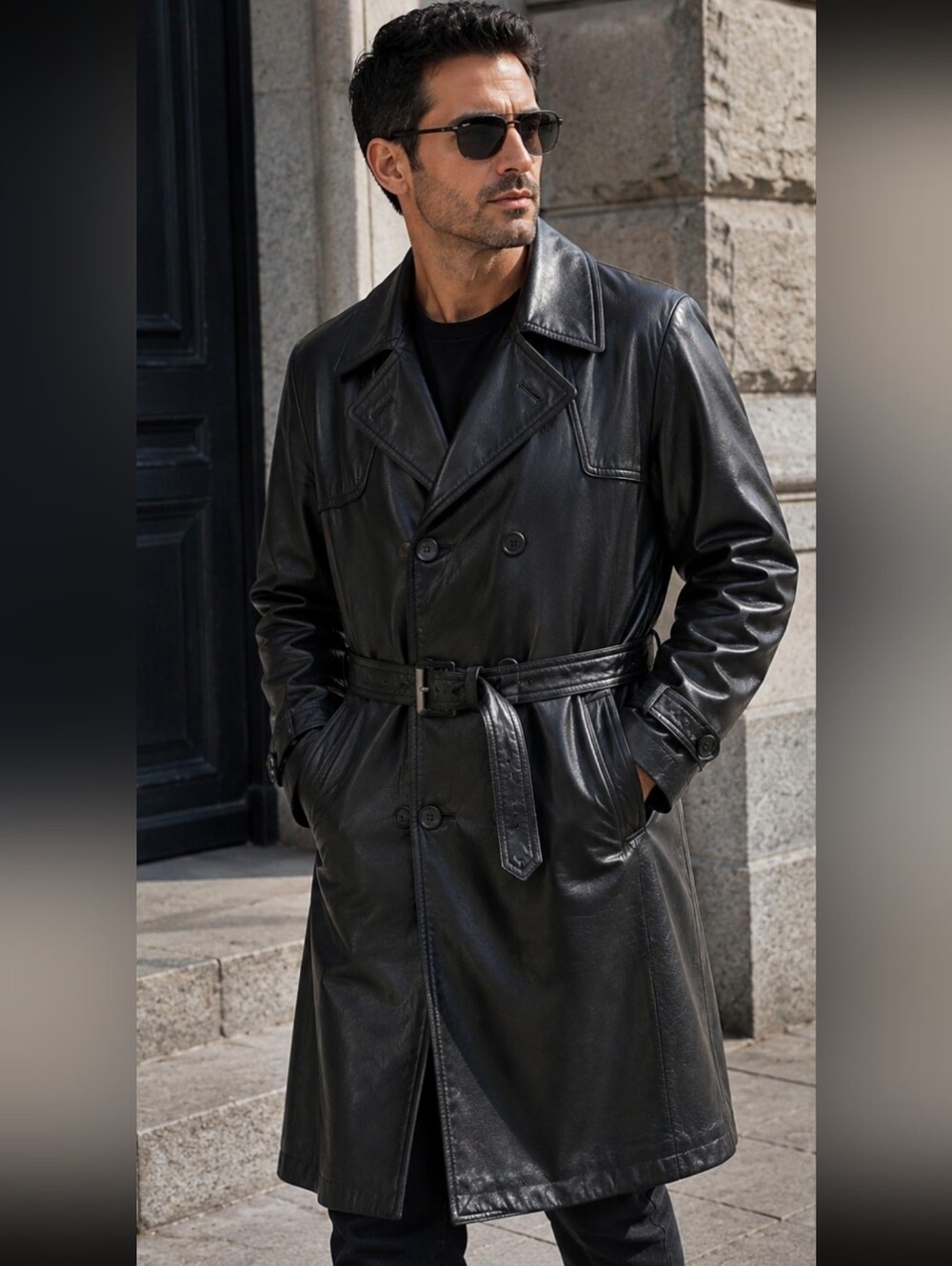 Vintage mens Black Leather Double-Breasted Trench Coat Fully Lined Sz 42/ Large
